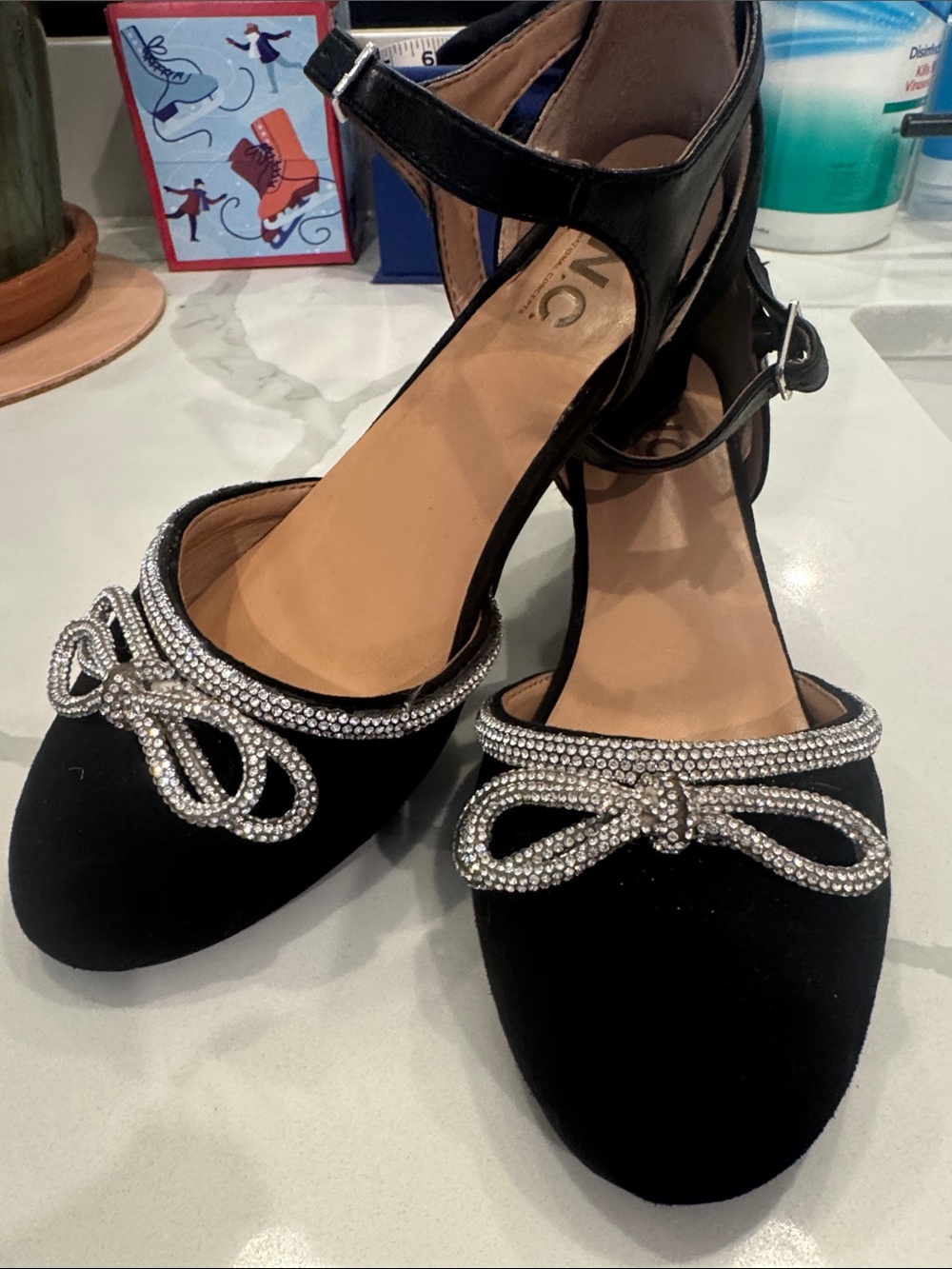 INC International Concepts Black Rhinestone Bow Ankle-Strap Heels